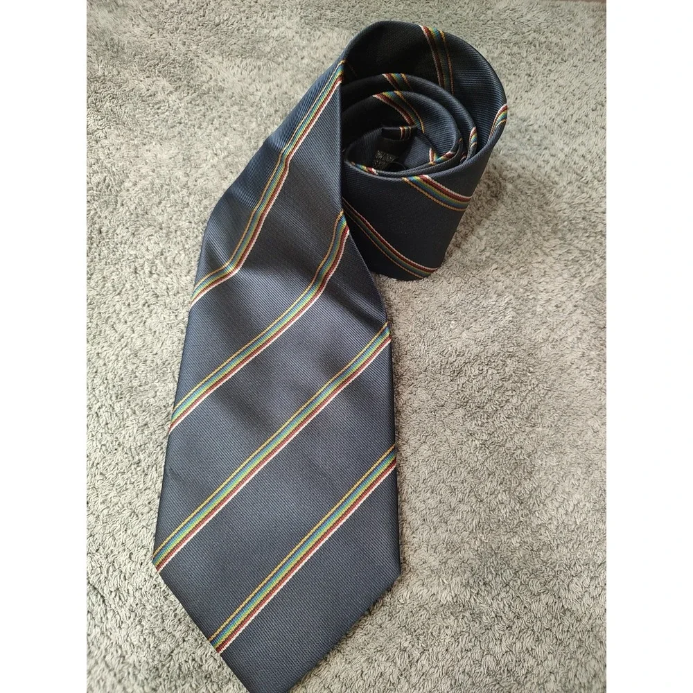 Festive Navy Blue Striped Rainbow Printed Silk‎ Tie Handmade